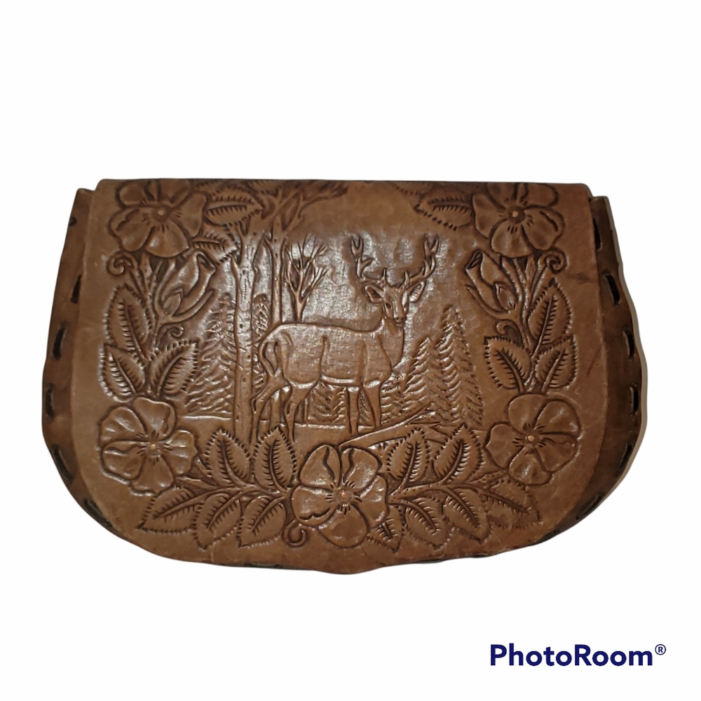 Vintage Genuine Leather Shoulder Bag Purse Hand Tooled Without Shoulder Strap,